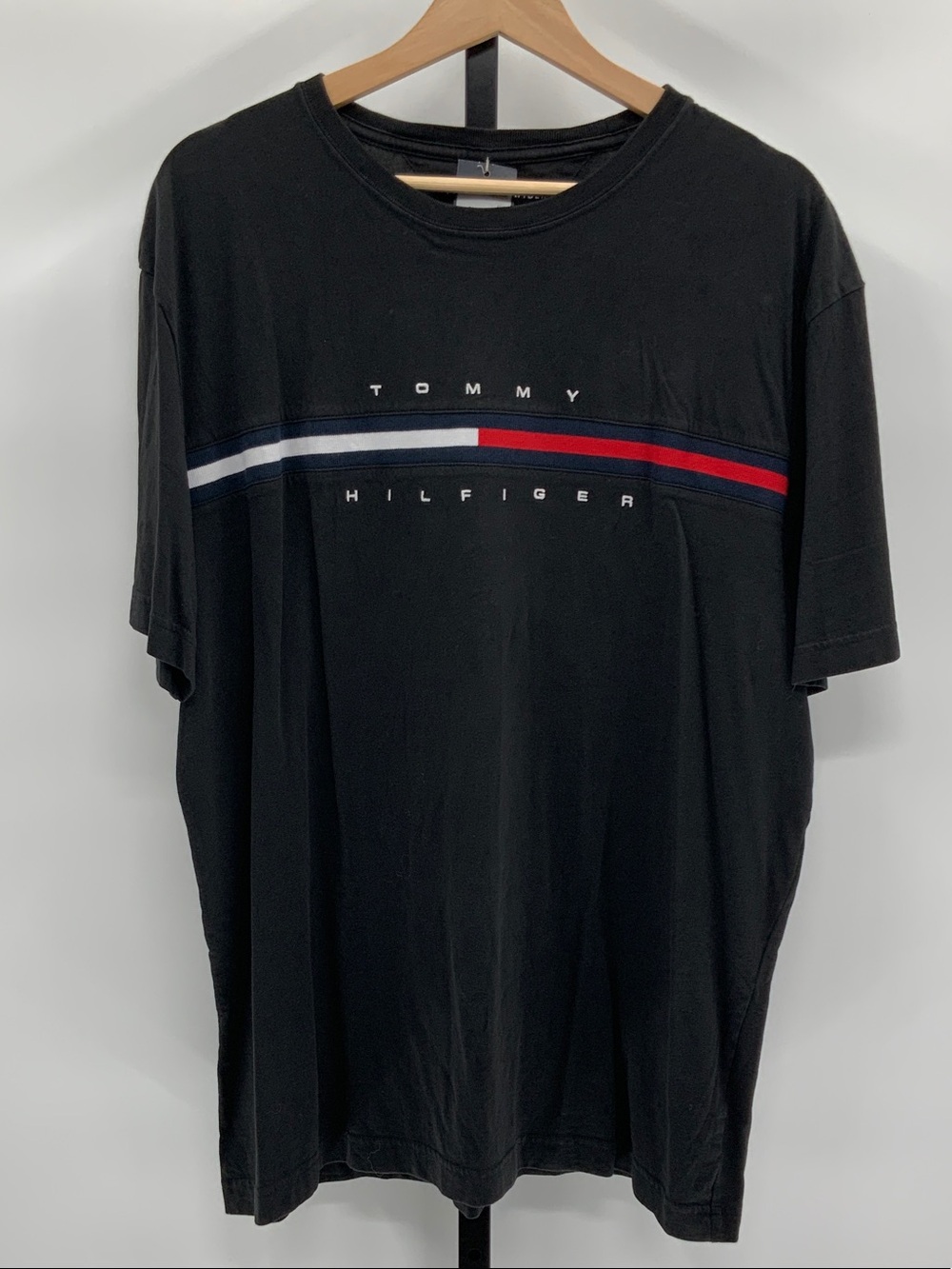 Tommy Hilfiger Black Tee with Red, White and Blue Stripe Accent